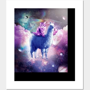 Outer Space Galaxy Kitty Cat Riding On Llama Posters and Art